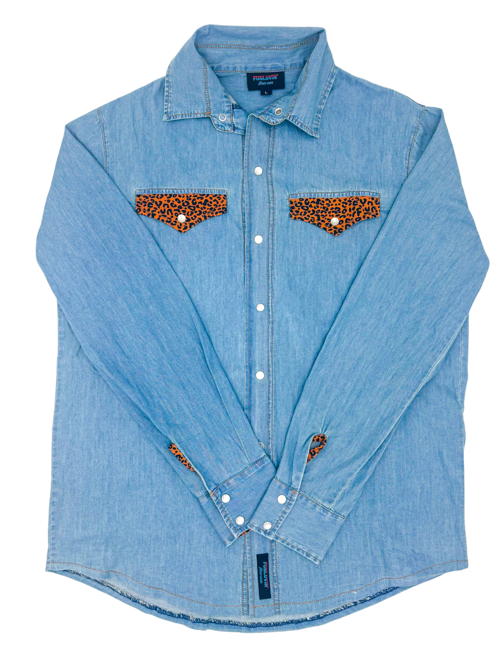 Georgie (Leopard) Denim Pearl Snap Shirt — FunLuvin' Fleecewear